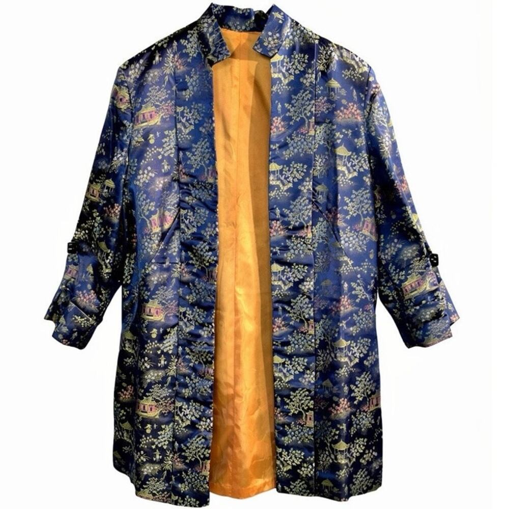 Vtg 50s 60s Chinese Silk Brocade Smoking Jacket Reversible Blue Orange Pagodas M